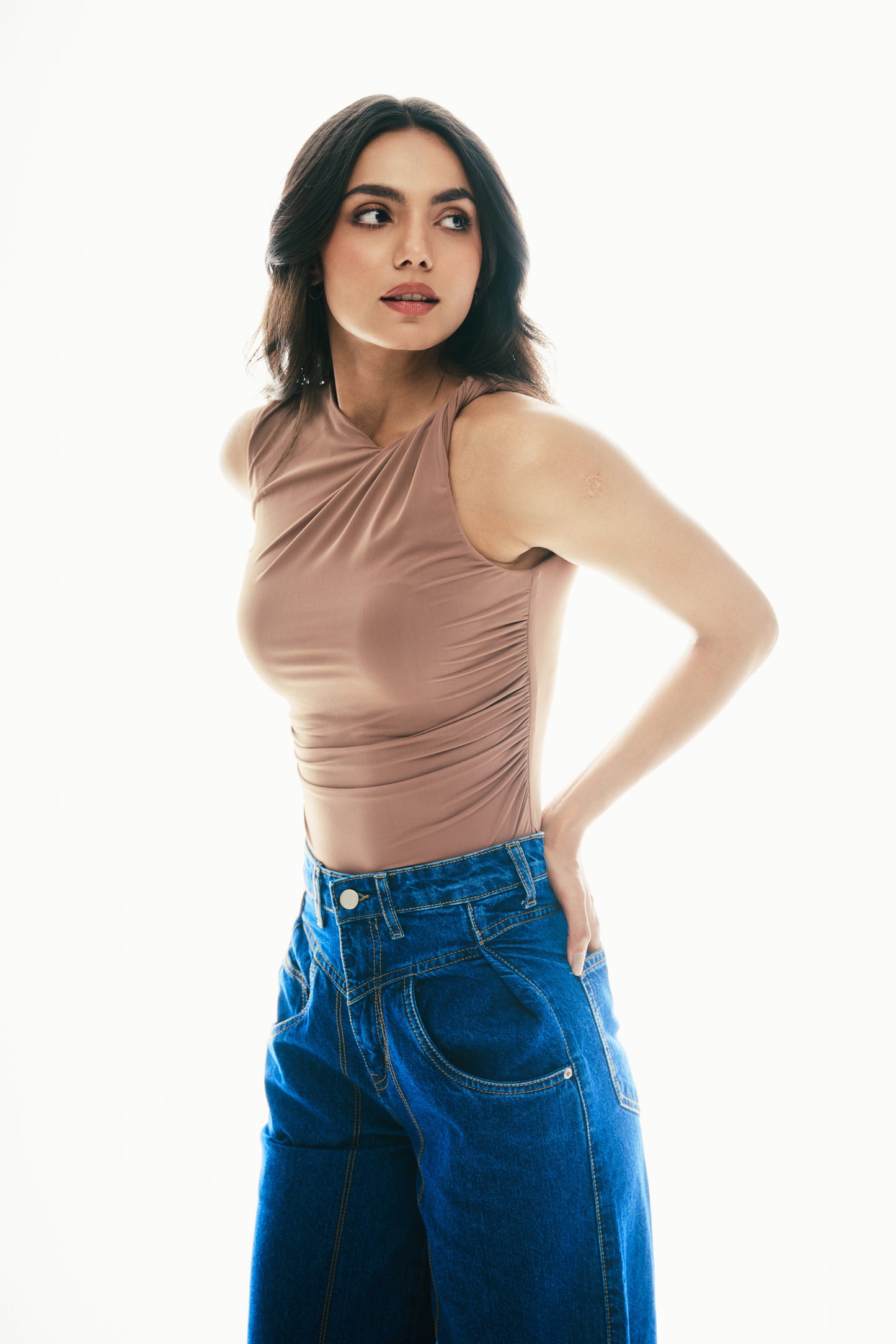 Ruched Asymmetrical Top: Blush Nude
