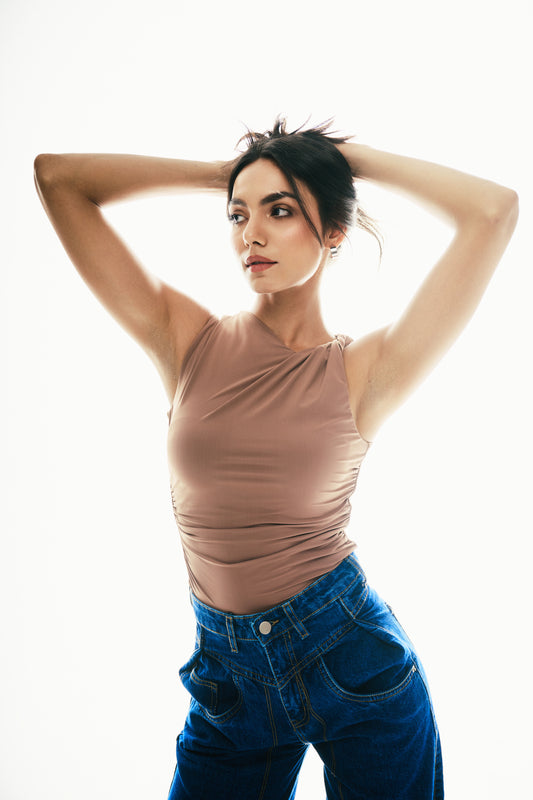 Ruched Asymmetrical Top: Blush Nude