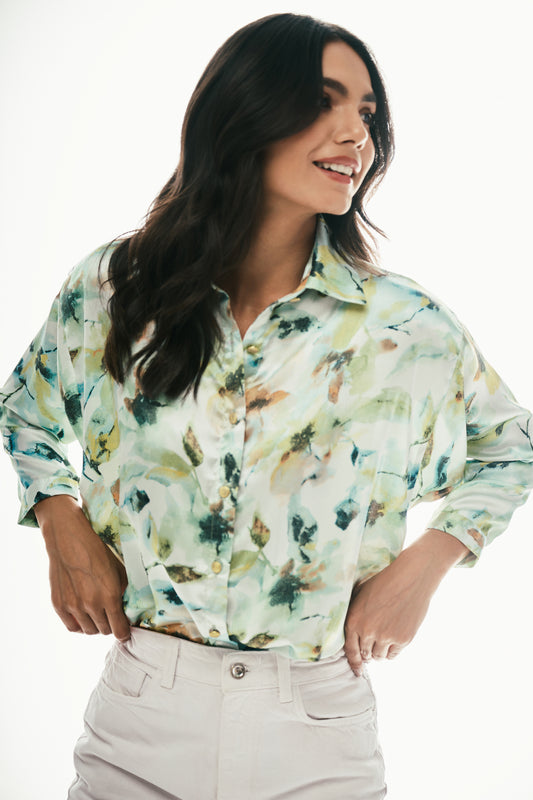 Oversized Satin Shirt: Green