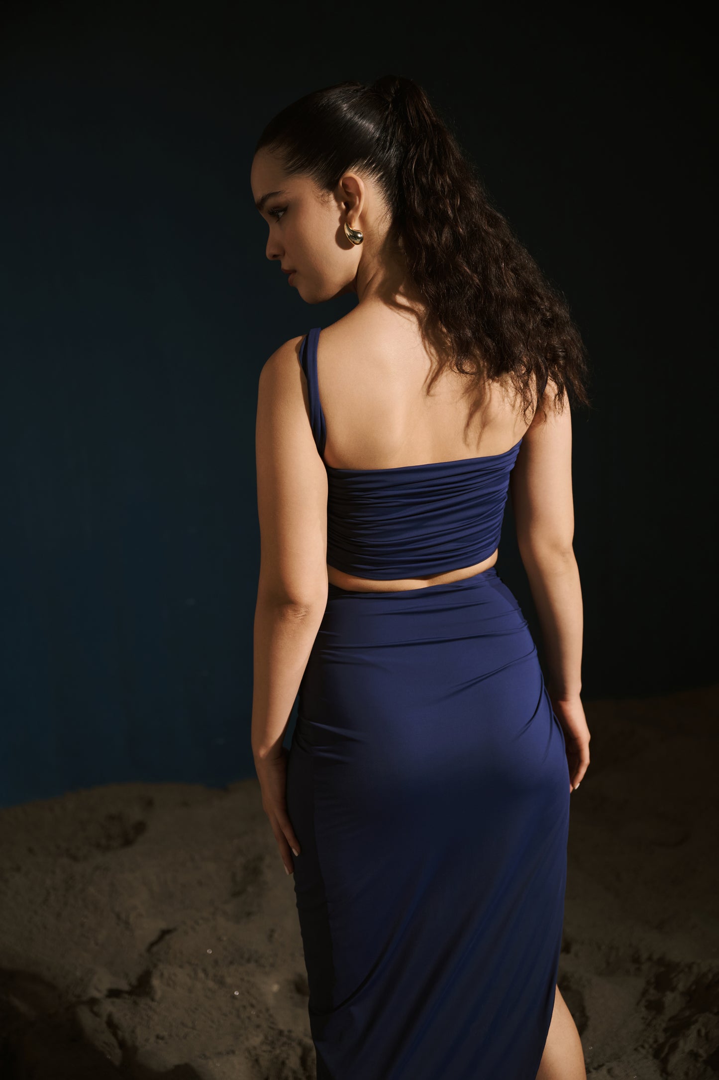 Ruched Slit Skirt - Navy