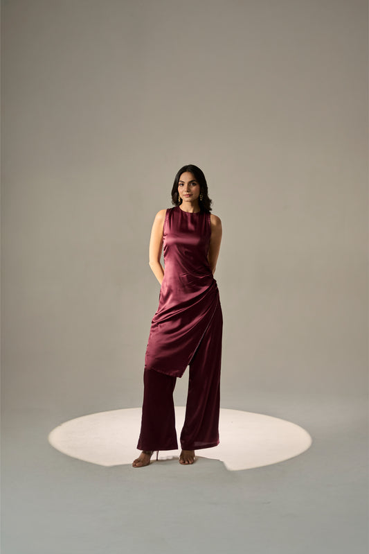 Berry Pleated Kurti  Set